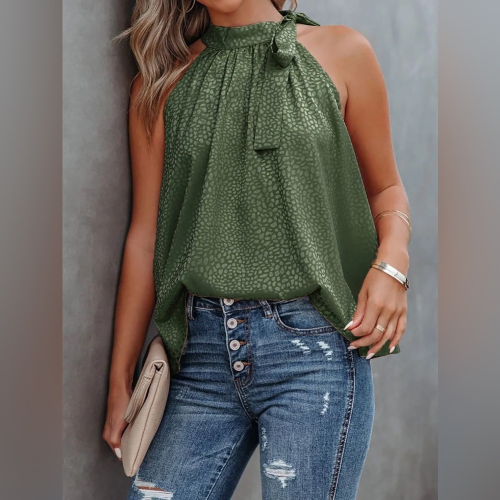 (B5) SHEIN Chic‎ Green Leopard Print Halter Sleeveless Satin Blouse Top XL 12